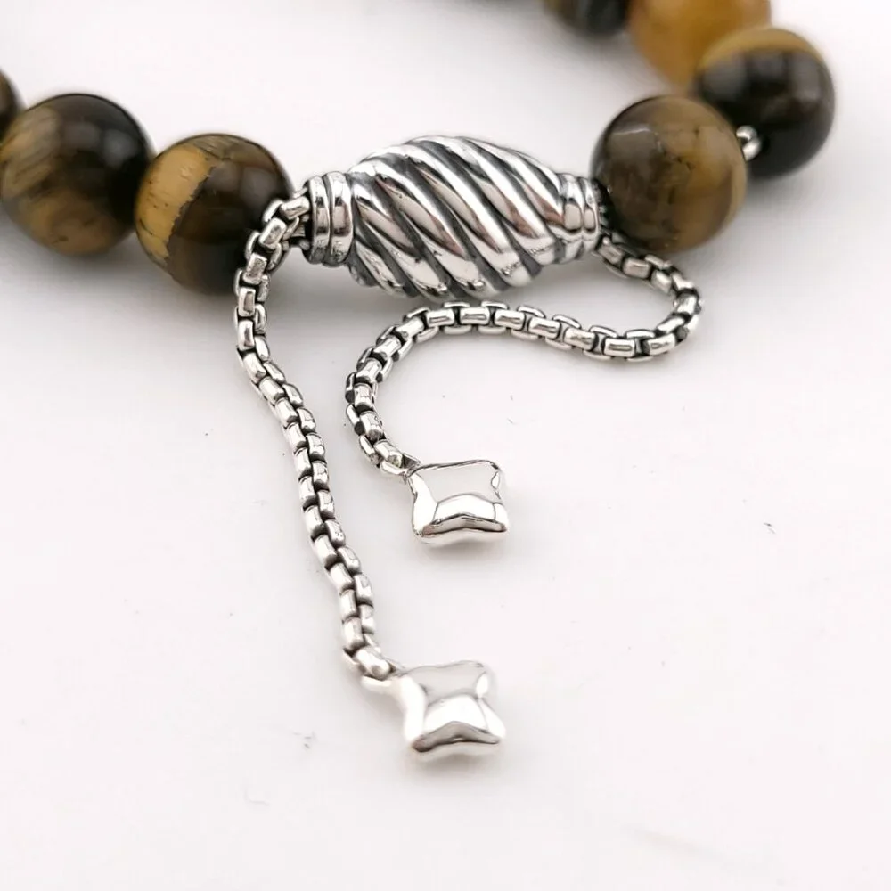 David Yurman Sterling Silver 8mm Tiger's Eye Spiritual Bead Beaded Pull Bracelet